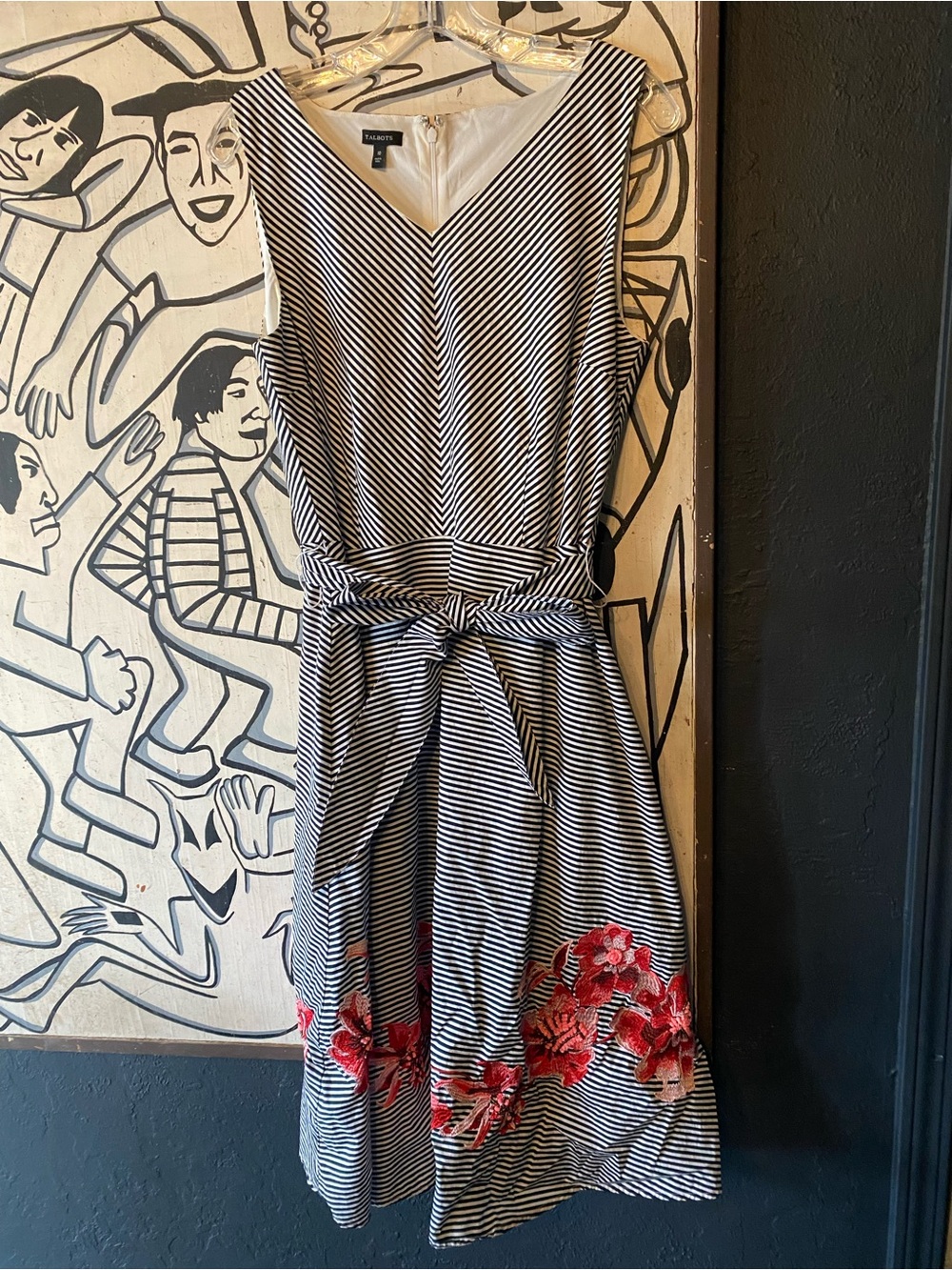 Talbots Black & White Striped V-Neck Dress with Red Floral Embroidery Hem